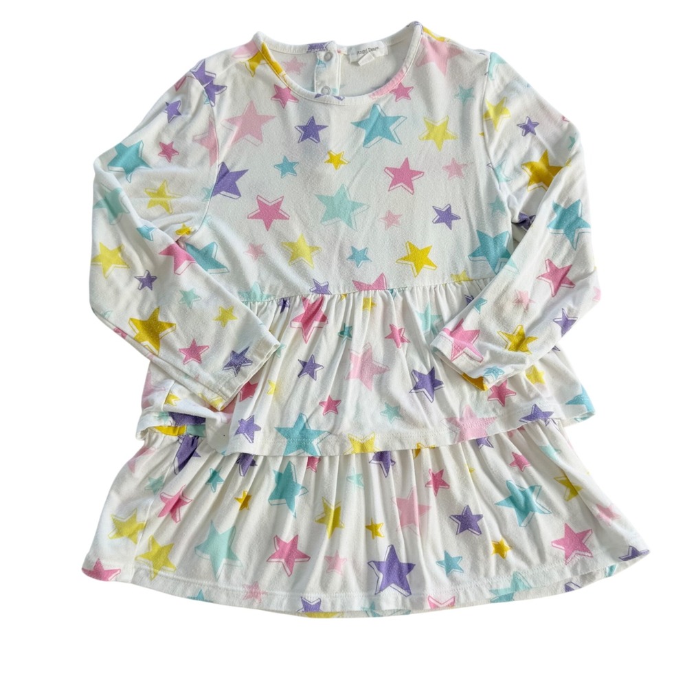 Angel Dear Tiered Tunic Dress Kids 4T White Multicolor Star Print Long Sleeve
